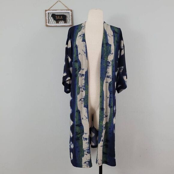 Clara Sun Woo Sweaters - Clara Sun Woo Open Front Long Cardigan Duster Sz XS Blue Green Cream Watercolor